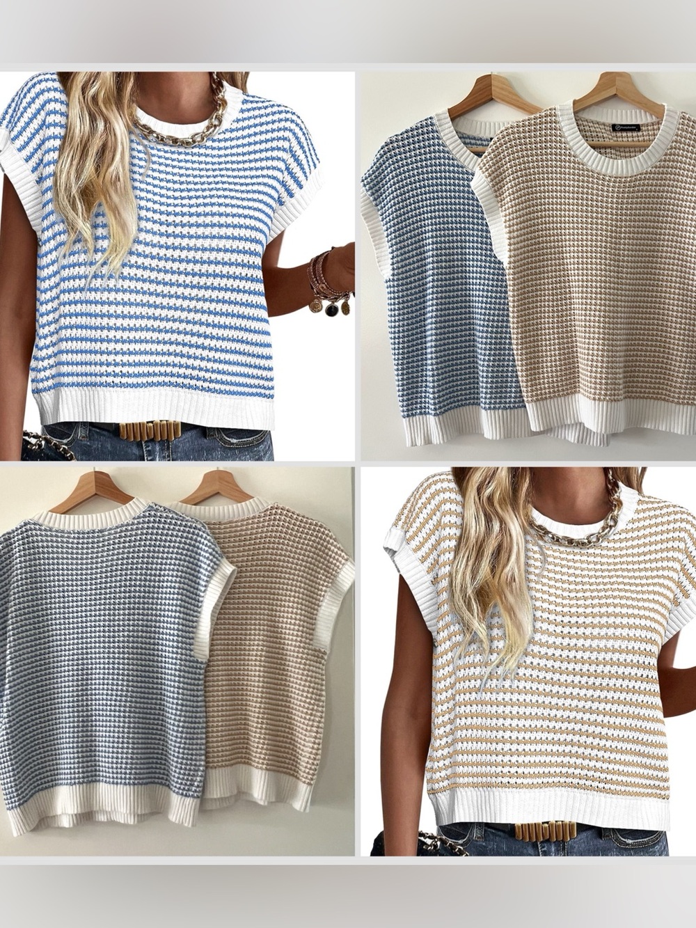 2 Amazon Women Tops Striped Knit Sweater - Blue & Beige